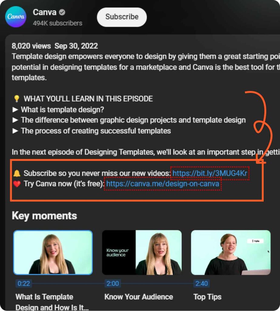 canva's cta in video description box to increase user adoption