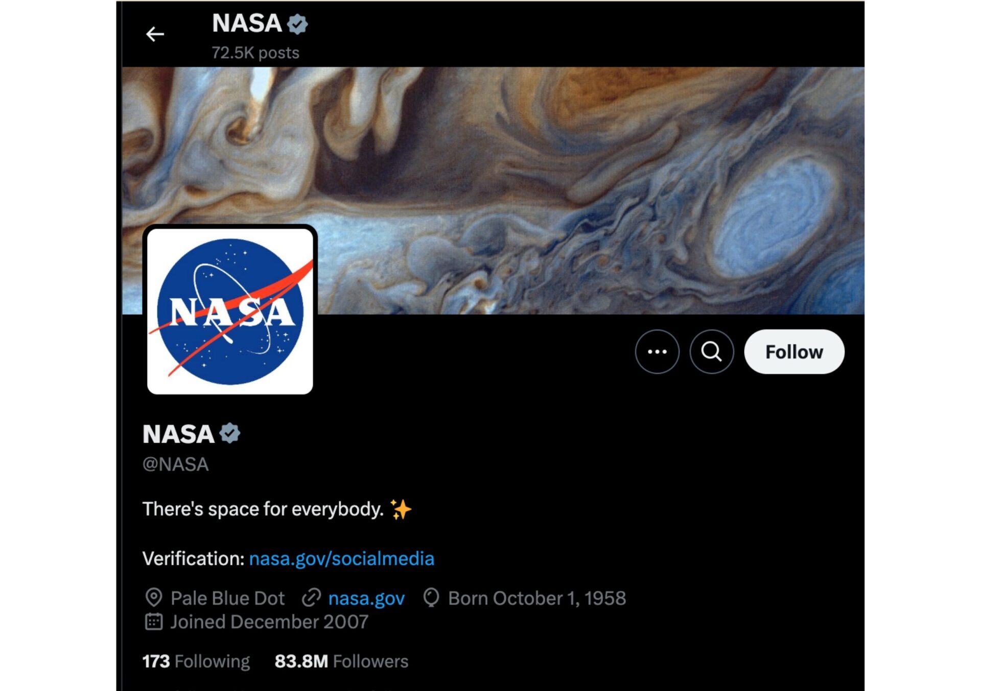 nasa's profile on X