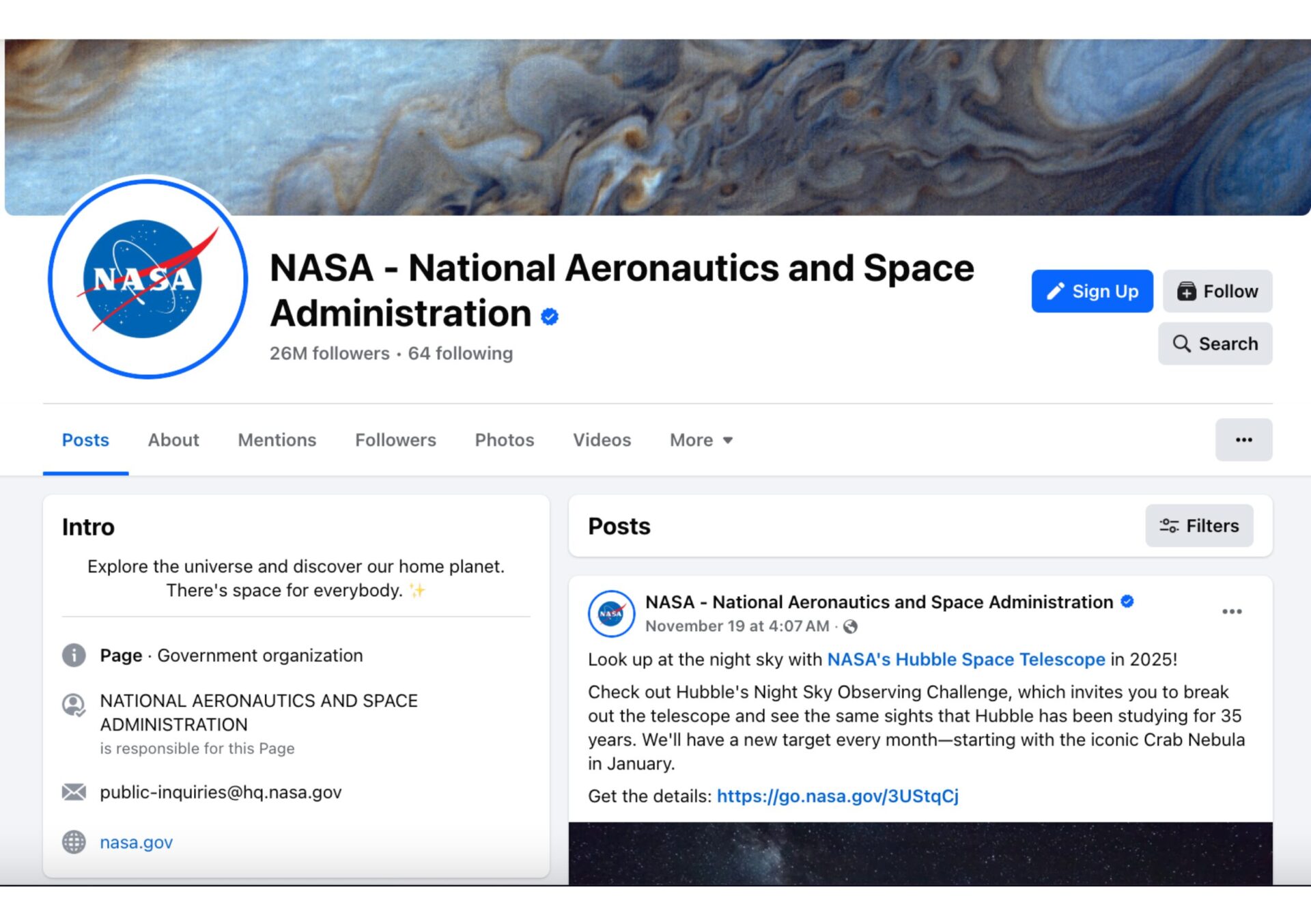 nasa's profile on facebook