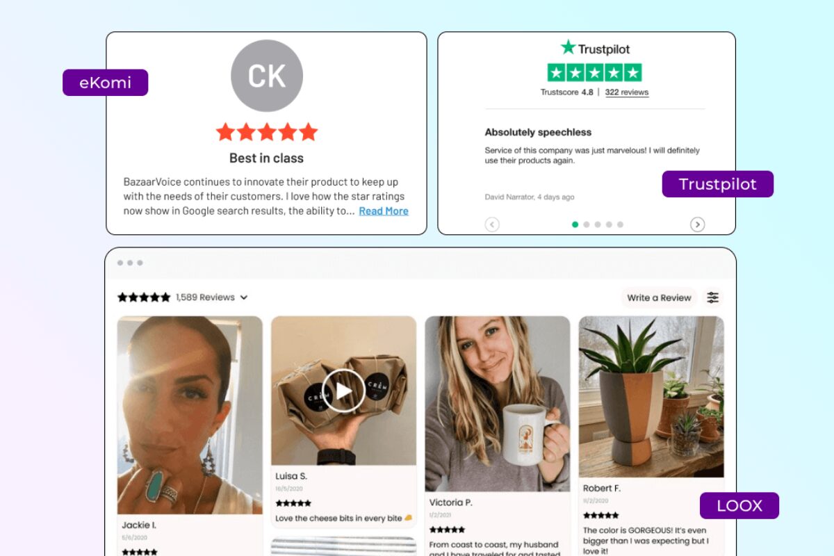 A collage of screenshots from eKomi, Trustpilot, and LOOX customer review platforms, displaying user-submitted photos, star ratings, and positive testimonials.