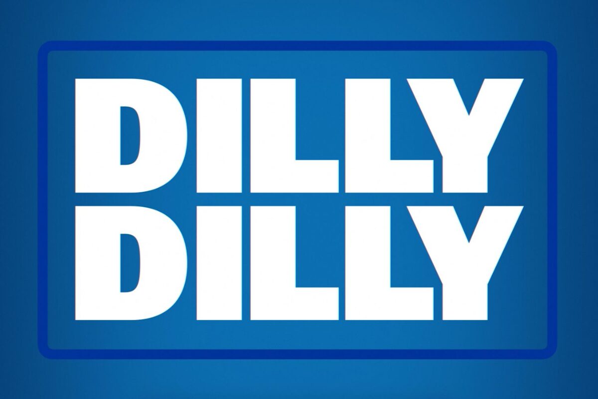A logo with the phrase "DILLY DILLY" written twice in large white text on a blue background.