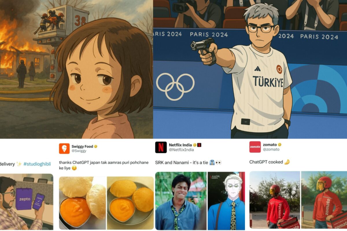 A four-panel meme collage featuring a Studio Ghibli character, an anime character in a sports uniform, and social media posts from food delivery brands.