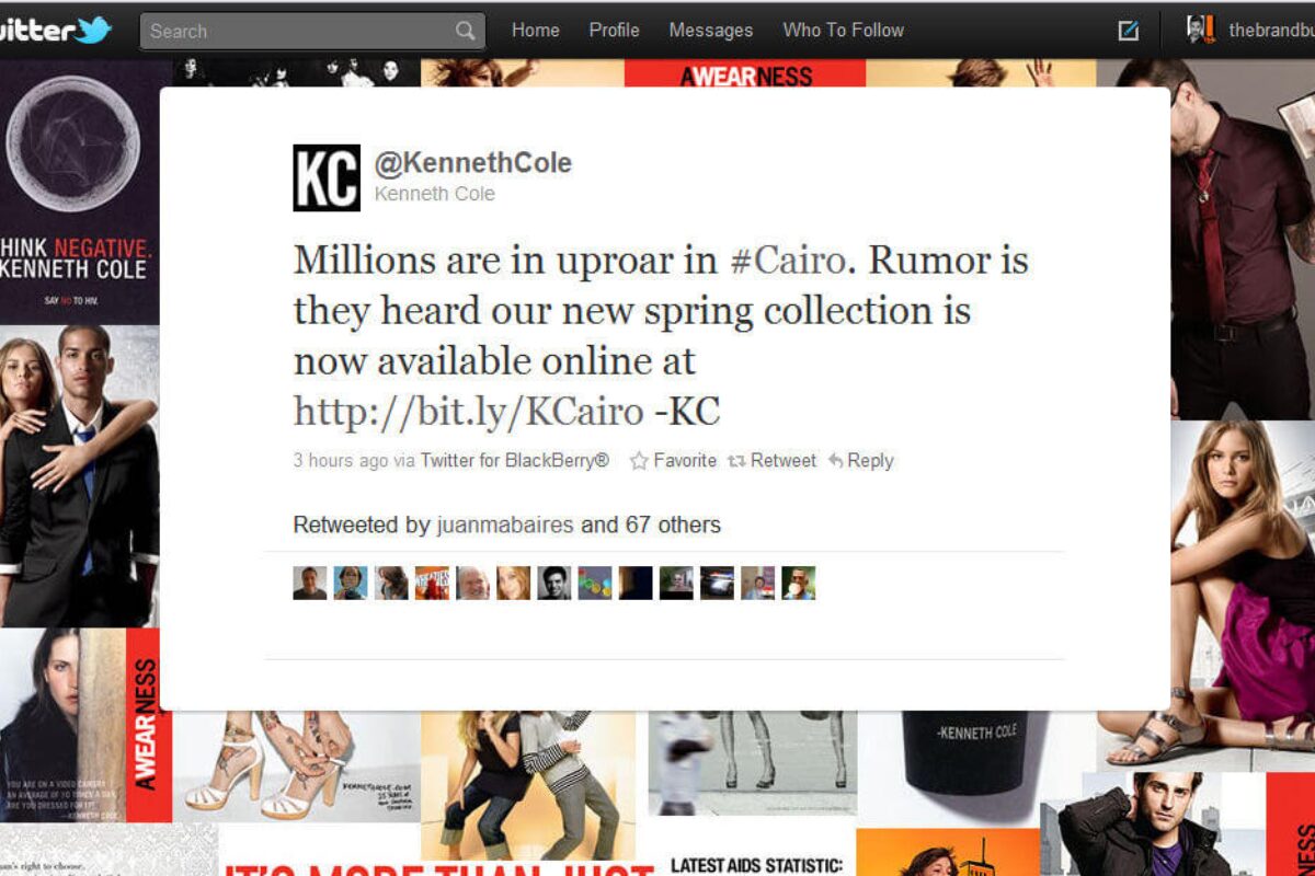 A busy screenshot of the Kenneth Cole Twitter page featuring a prominent tweet that reads: 'Millions are in uproar in #Cairo. Rumor is they heard our new spring collection is now available online at bit.ly -KC', surrounded by campaign imagery and logos.