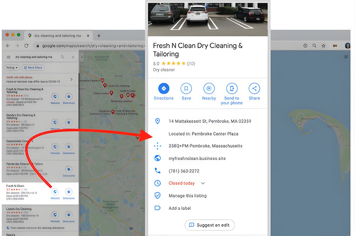 A composite image showing computer and mobile screens displaying Google Maps search results for dry cleaning businesses