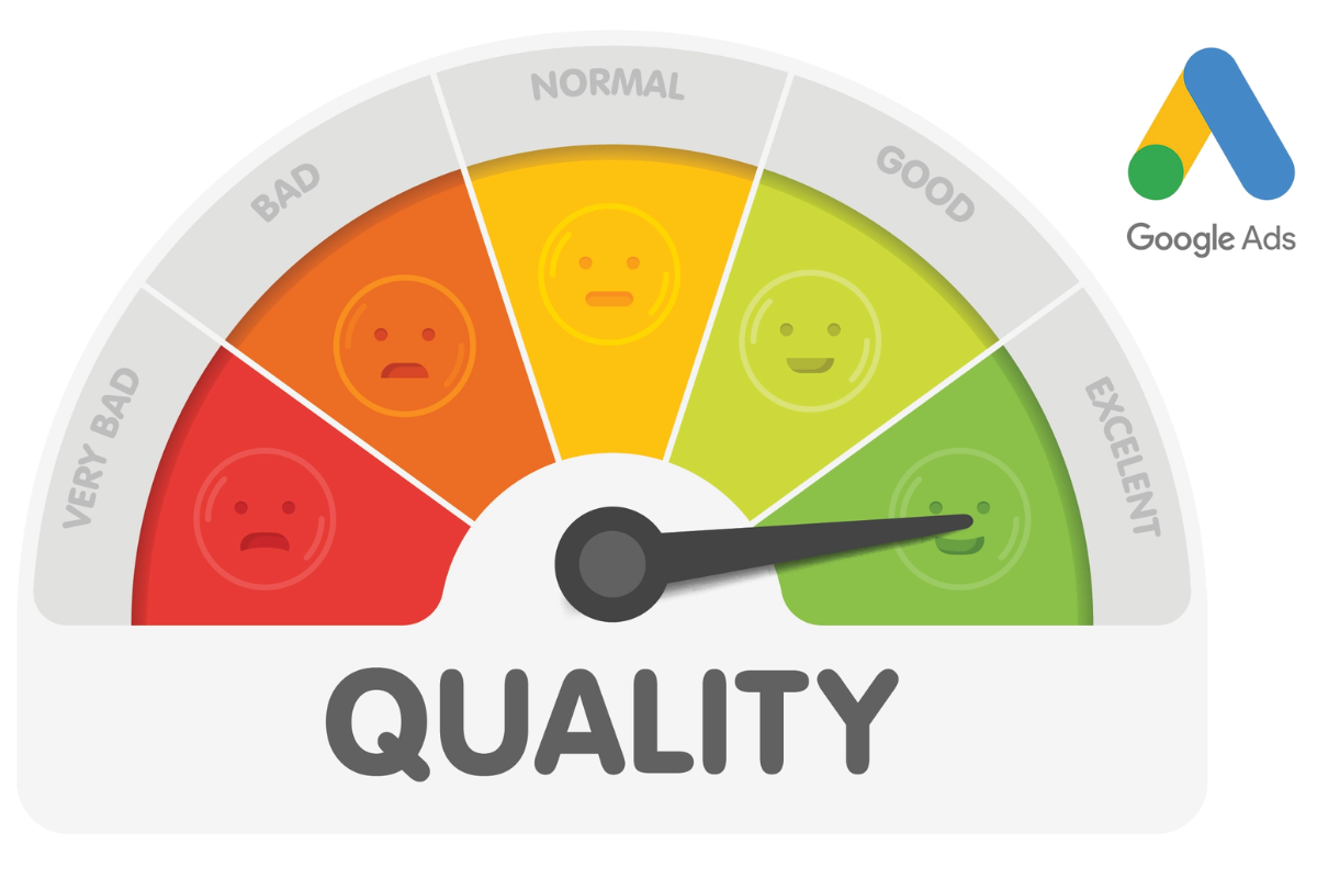 An illustration of a quality meter for Google Ads, with a needle pointing to the green 'Excellent' section, indicating high quality.