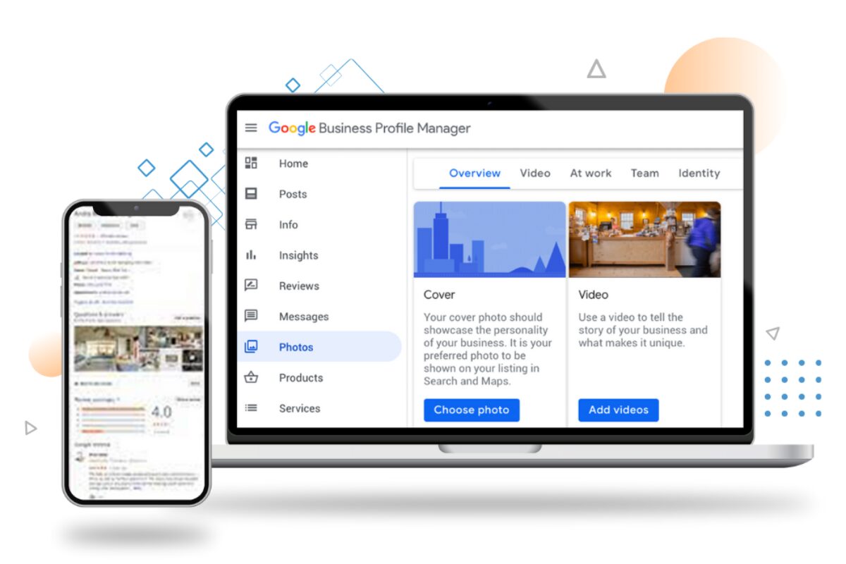 A laptop and smartphone displaying the Google Business Profile Manager interface for managing cover photos and videos within a business listing.