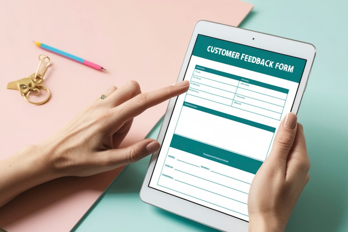 A person uses a digital tablet to fill out a customer feedback form.