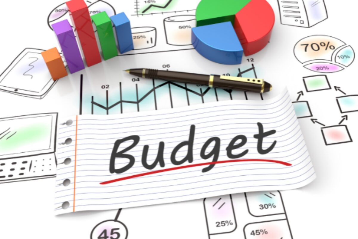 A notebook page with the word 'Budget' written in black script and underlined in red, placed among various 3D business charts and financial data illustrations.