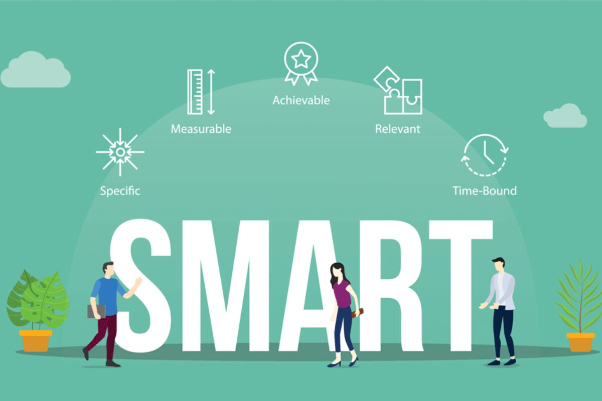 An illustration explaining the SMART goals acronym: Specific, Measurable, Achievable, Relevant, Time-Bound.