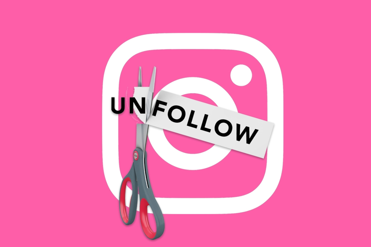 A graphic of scissors cutting through a white banner with the text "UN FOLLOW" in front of the Instagram logo on a pink background.
