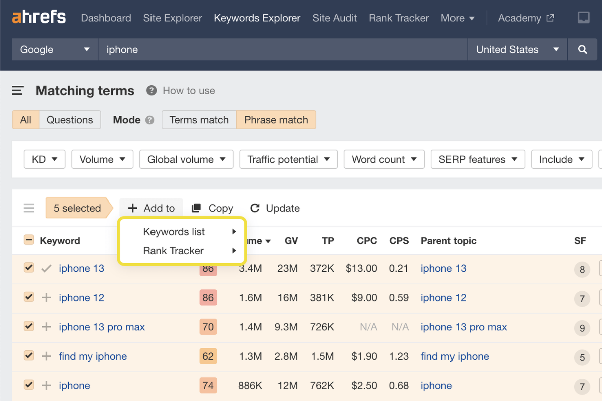 A screenshot of the Ahrefs SEO tool Keywords Explorer dashboard, showing a list of matching search terms for "iphone" in the United States with various SEO metrics.