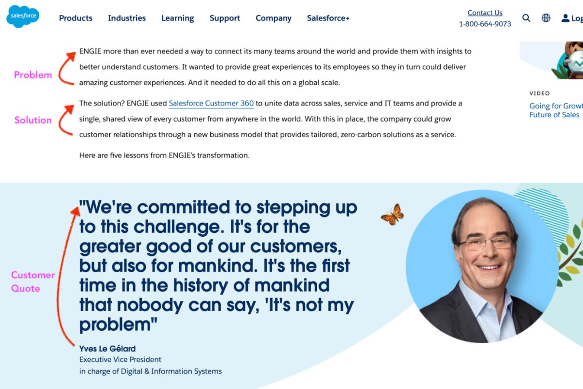 A screenshot of a Salesforce customer story webpage featuring a case study with ENGIE, including sections labeled 'Problem', 'Solution', a customer quote from Yves Le Gélard, and Salesforce branding.