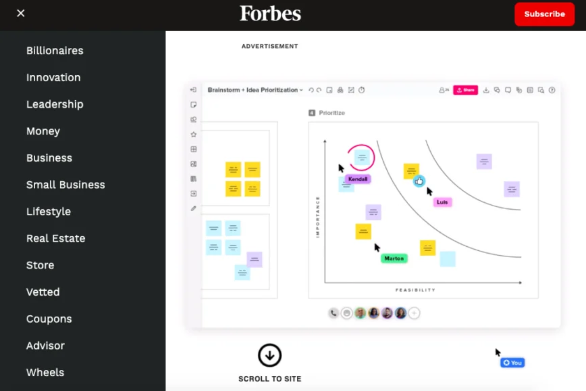 A screenshot of a Forbes webpage featuring a 'Brainstorm Idea Prioritization' matrix diagram. The diagram plots ideas on a feasibility vs importance chart using sticky notes with names like Kendall, Luis, and Marlon.