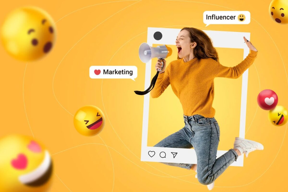 Graphic illustrating influencer marketing, showing a woman jumping enthusiastically out of an Instagram post frame while shouting into a megaphone. Text bubbles say 'Influencer' and 'Marketing', surrounded by various emojis on a yellow background.