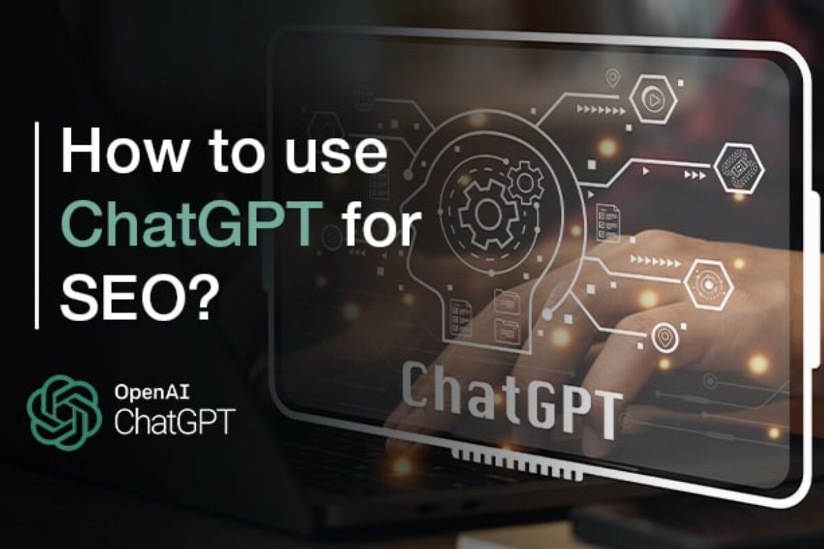 Graphic banner asking 'How to use ChatGPT for SEO?', featuring the OpenAI ChatGPT logo and a stylized illustration of a human head with circuit elements.