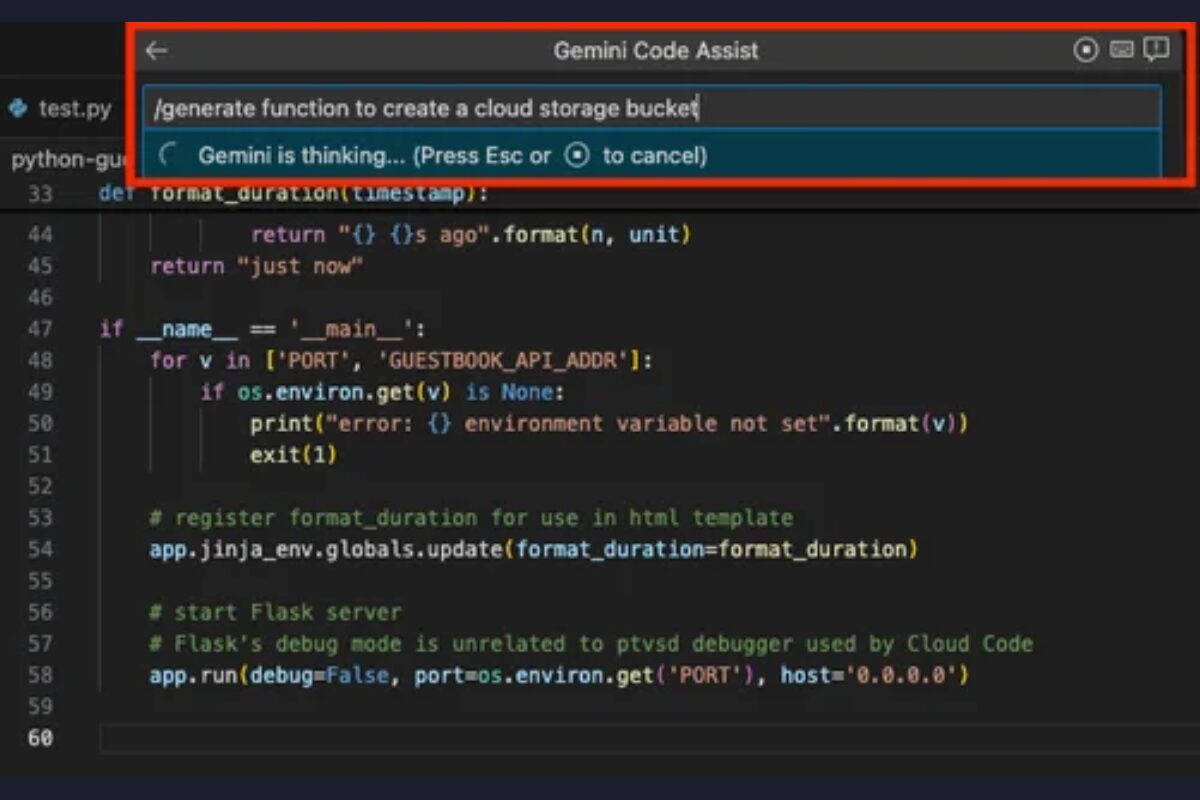 Screenshot of the Gemini Code Assist interface within a code editor (likely VS Code), showing an AI in progress of generating a Python function to create a Cloud Storage bucket based on the prompt '/generate function to create a cloud storage bucket'.