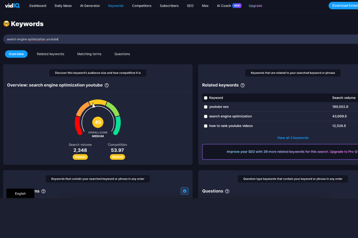 Screenshot of the vidIQ keyword research dashboard for the search term 'search engine optimization youtube'. The metrics shown include an overall score of 'Medium' (45), search volume (2,348), competition (53.97), and related keywords like 'youtube seo'.