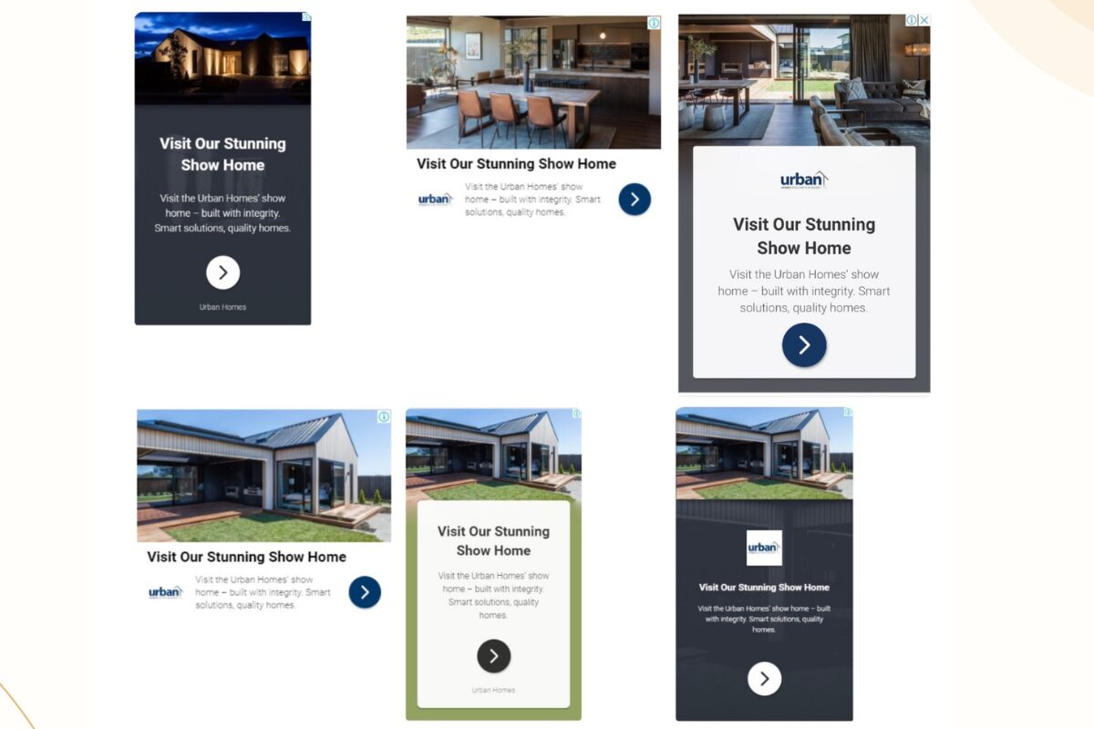 A collage of several digital advertisements for Urban Homes, each inviting viewers to 'Visit Our Stunning Show Home' with images of modern houses and interiors.