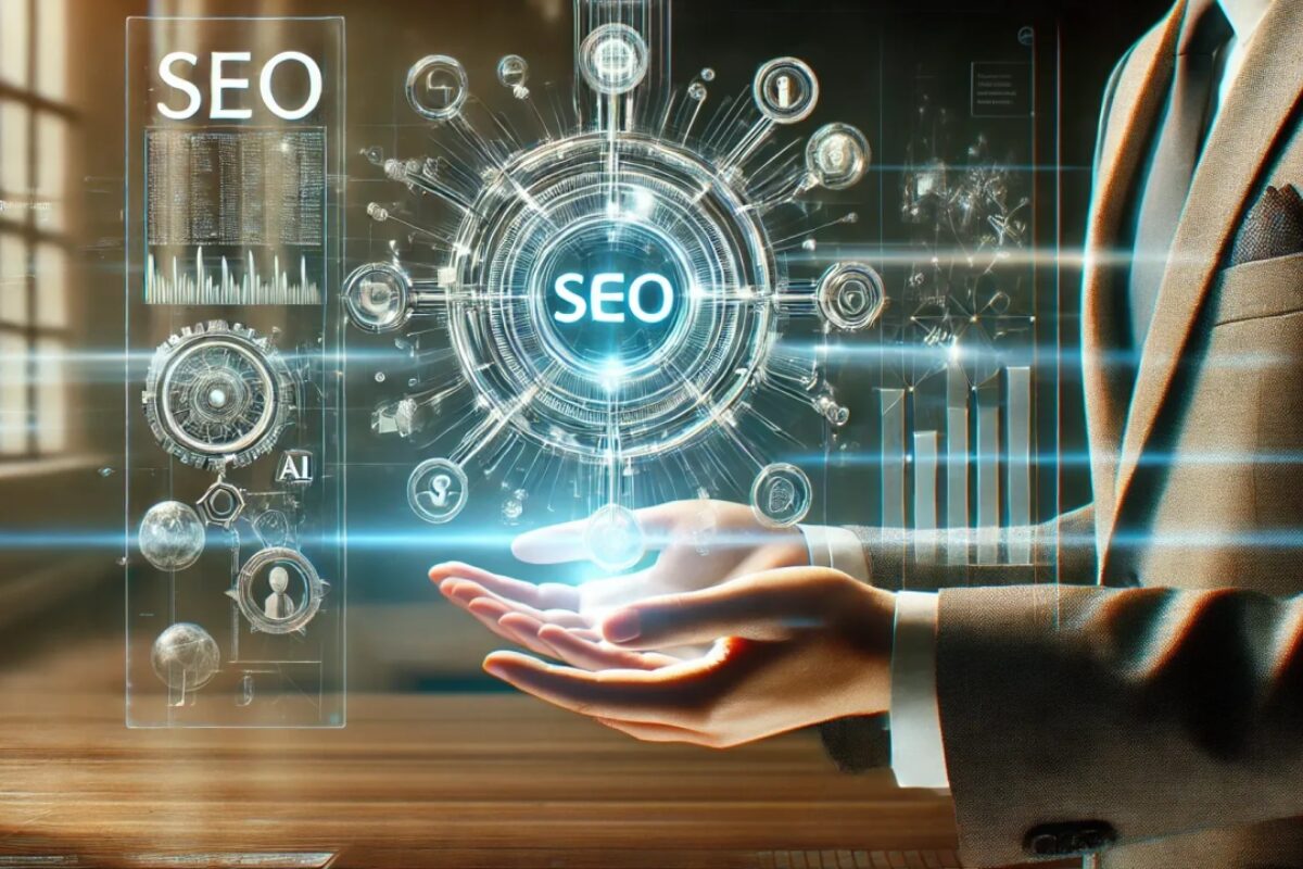 A person in a business suit with hands extended, interacting with a futuristic, holographic data interface. The interface displays a central 'SEO' graphic, along with various analytics charts and an 'AI' label.