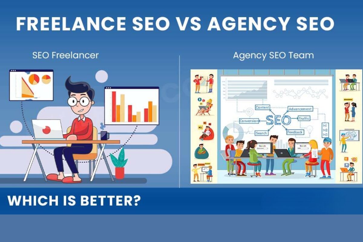 Infographic titled 'Freelance SEO vs Agency SEO', comparing a single 'SEO Freelancer' working alone with an 'Agency SEO Team' collaborating around a table with a complex workflow diagram. The bottom text asks 'Which is better?'