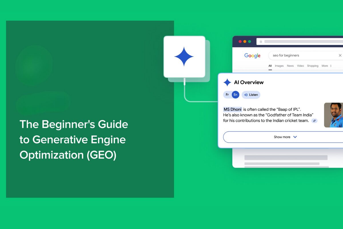 Graphic banner titled 'The Beginner's Guide to Generative Engine Optimization (GEO)', featuring a stylized representation of Google's AI Overview interface displaying information about MS Dhoni.