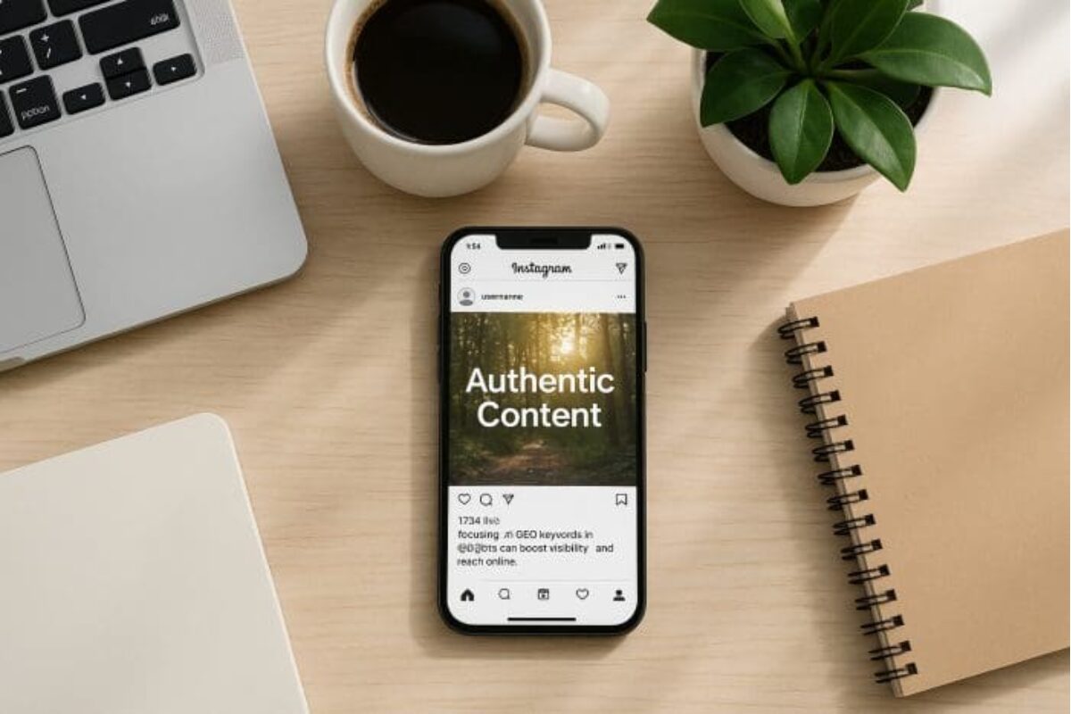 Một chiếc điện thoại thông minh đặt trên bàn làm việc, hiển thị bài đăng có tiêu đề 'Authentic Content'