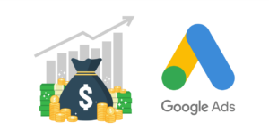 Conceptual digital illustration featuring a money bag with a dollar sign and stacks of coins in front of a rising bar graph, positioned next to the Google Ads logo.