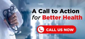 A medical professional in a white coat holding a stethoscope stands in front of a blurred hospital hallway background, accompanied by the text "A Call to Action for Better Health" and a prominent red "CALL US NOW" button featuring a phone icon.