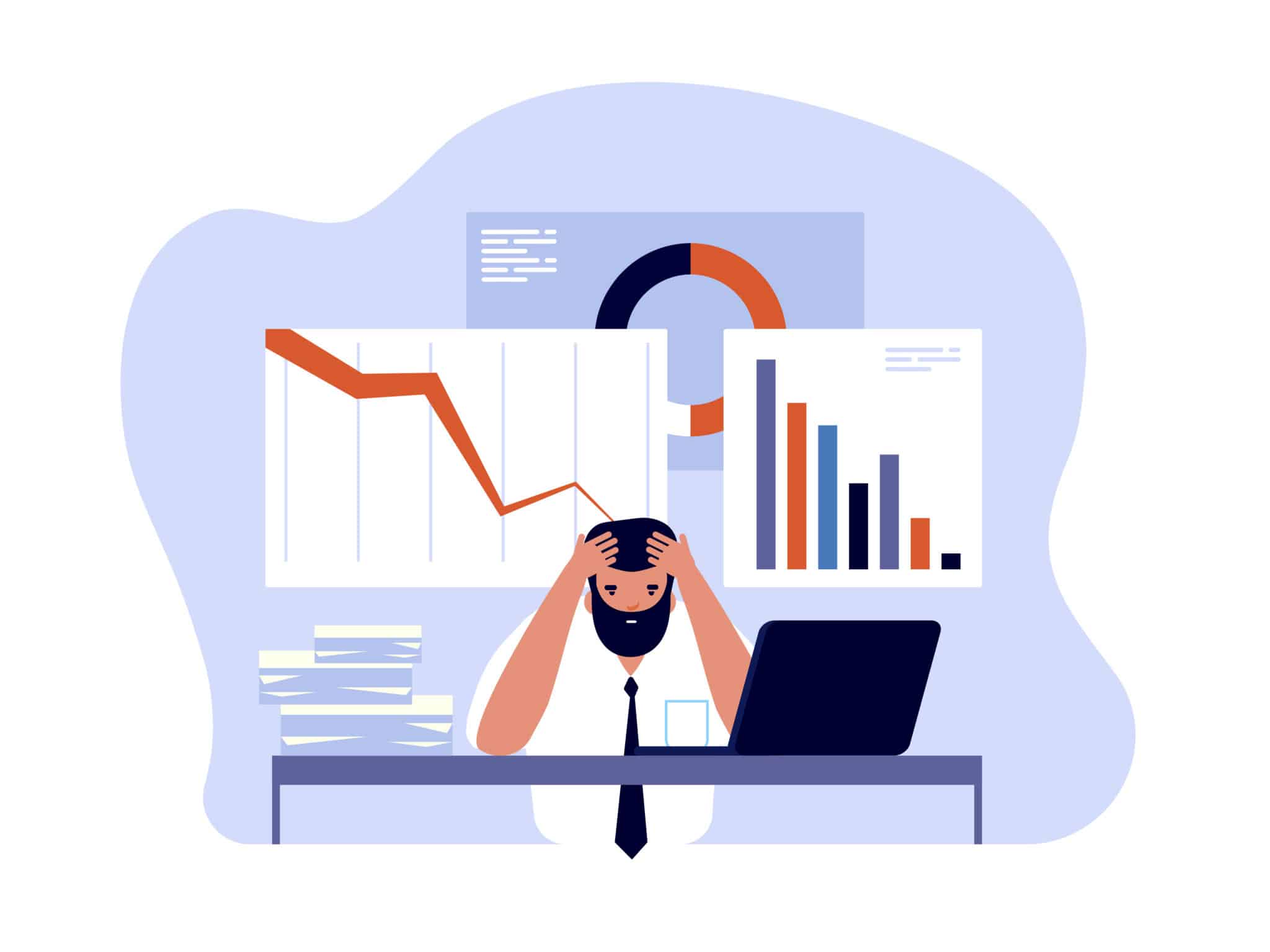 Illustration of a stressed office worker sitting at a desk with a laptop, holding his head in his hands, while various charts showing declining performance and negative data trends float in the background.