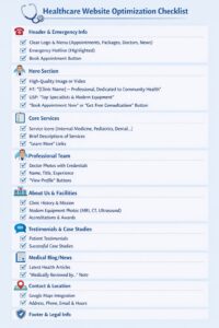 An infographic titled "Healthcare Website Optimization Checklist" featuring nine sections with blue checkmarks, including Header & Emergency Info, Hero Section, Core Services, Professional Team, About Us & Facilities, Testimonials & Case Studies, Medical Blog/News, Contact & Location, and Footer & Legal Info.