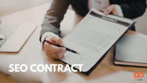 A person holding a pen over a document titled "CONTRACT," with the bold text "SEO CONTRACT" overlaid in the foreground. The image includes the Golden owl Digital logo in the bottom right corner.