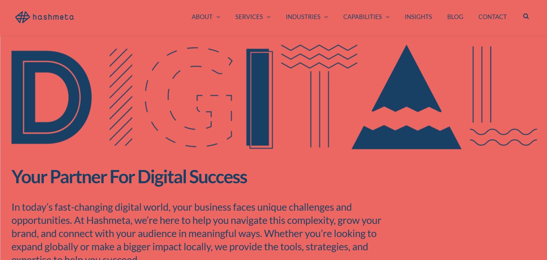 Hashmeta homepage featuring the headline Your Partner For Digital Success over a coral background with large, stylized blue letters spelling DIGITAL using various patterns and geometric shapes.