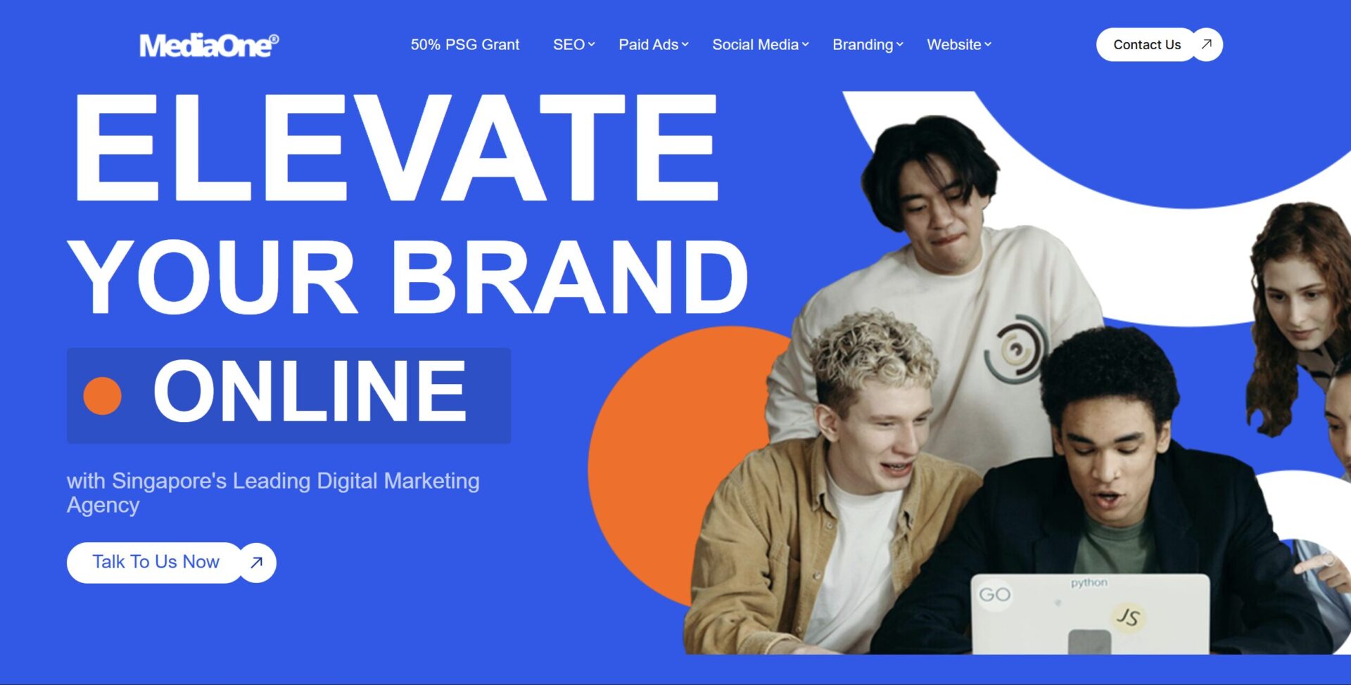 MediaOne homepage featuring the headline ELEVATE YOUR BRAND ONLINE with Singapore's Leading Digital Marketing Agency over a blue background with a photo of a diverse team working together and a Talk To Us Now button.