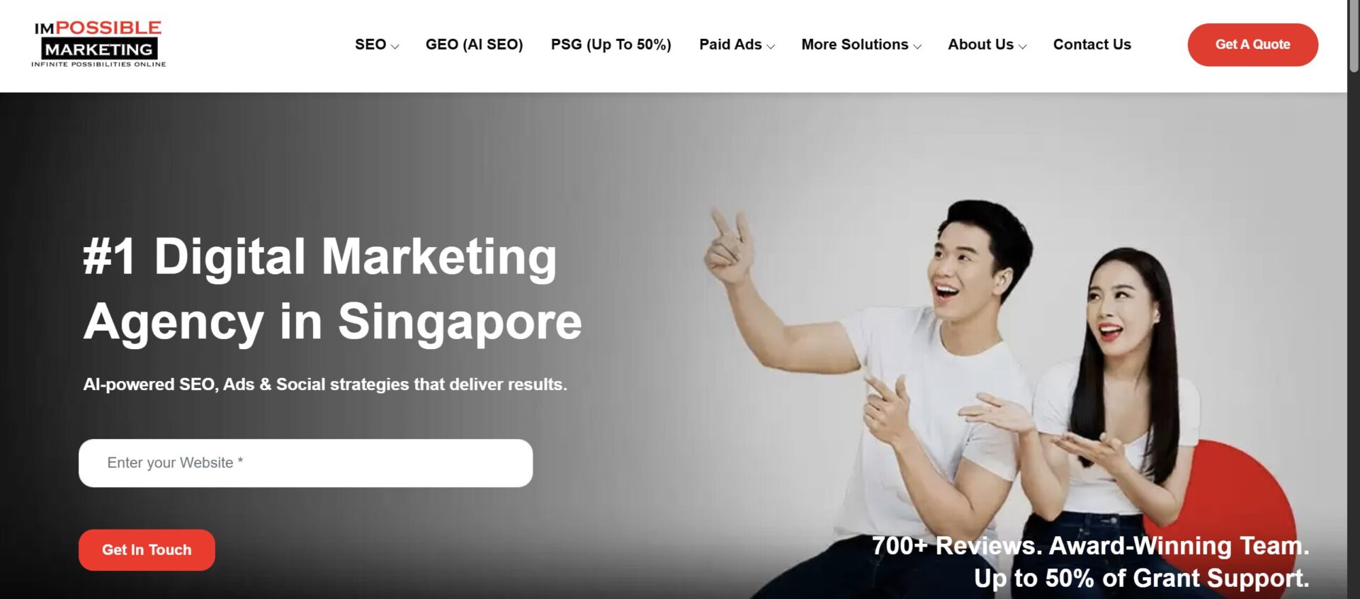 Impossible Marketing homepage featuring the headline #1 Digital Marketing Agency in Singapore over a grey background with a photo of a man and woman pointing upwards, an input field for website URL, and an orange Get In Touch button.