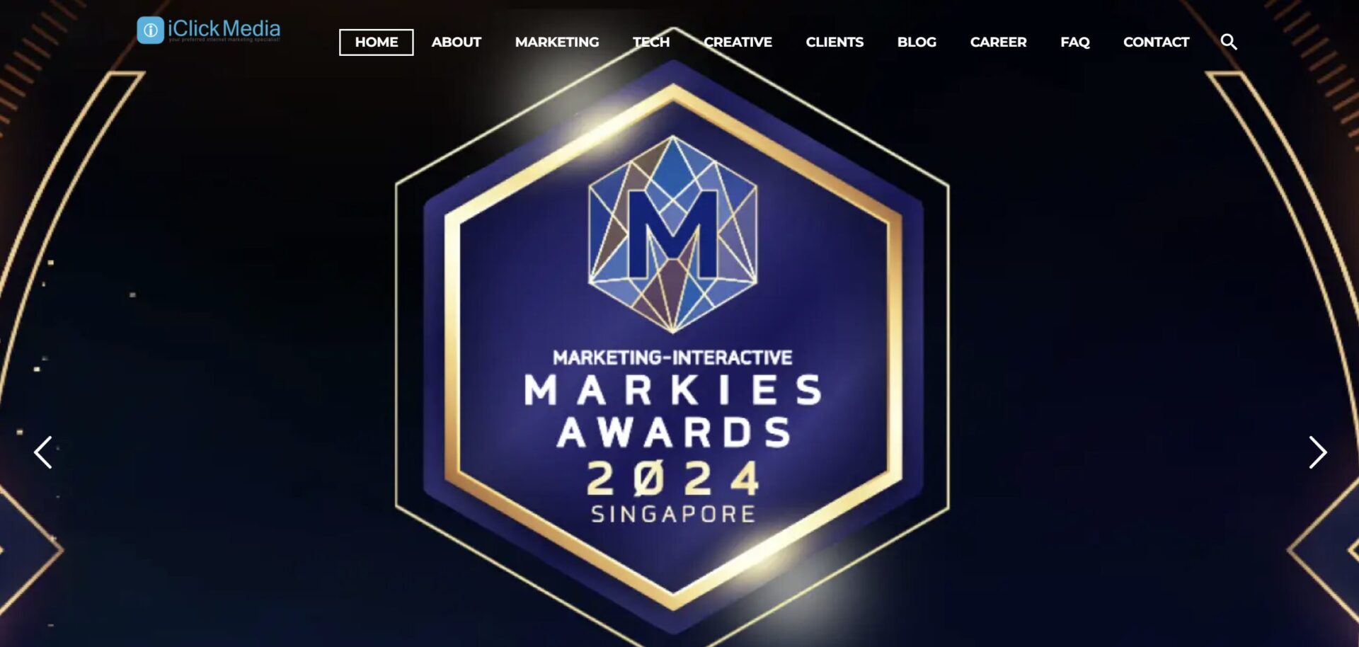 iClick Media homepage featuring a prominent graphic for the Marketing-Interactive MARKIES AWARDS 2024 SINGAPORE inside a glowing hexagonal frame over a dark, elegant background with gold accents.