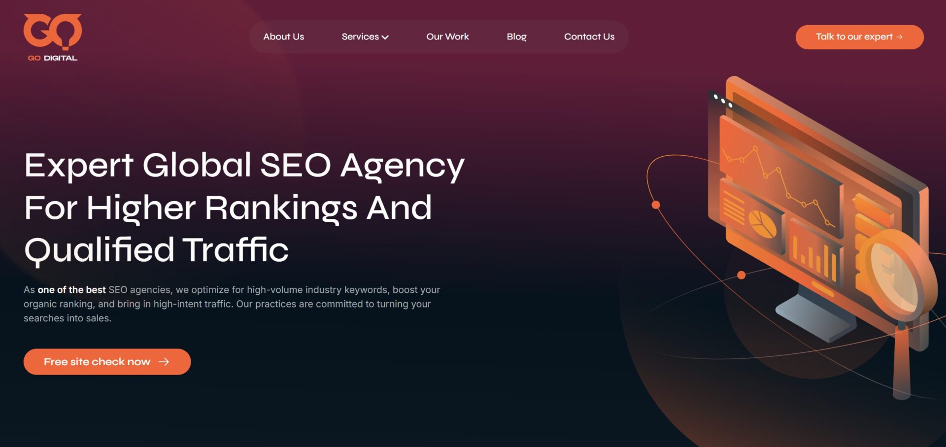 A website homepage for "GOLDEN OWL DIGITAL" featuring the headline "Expert Global SEO Agency For Higher Rankings And Qualified Traffic" alongside a 3D isometric illustration of a computer monitor displaying data charts and a magnifying glass.