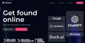 Homepage of Reboot agency website with the headline "Get found online," featuring logos along with industry award badges.