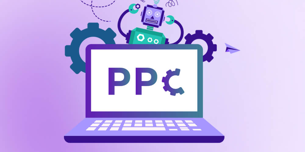 Illustration of a laptop with the letters PPC on the screen, accompanied by icons of a robot, gears, and a paper plane over a purple gradient background.