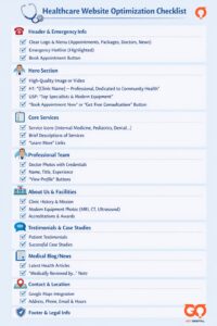 An infographic titled "Healthcare Website Optimization Checklist" featuring nine sections with blue checkmarks, including Header & Emergency Info, Hero Section, Core Services, Professional Team, About Us & Facilities, Testimonials & Case Studies, Medical Blog/News, Contact & Location, and Footer & Legal Info.