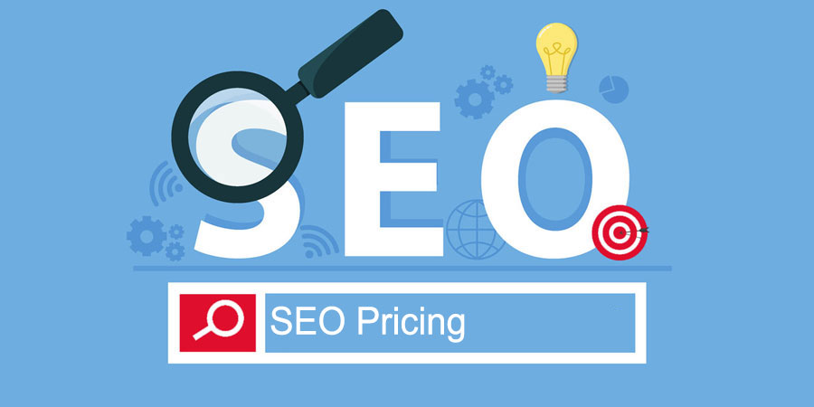 A flat vector illustration with large white letters spelling "SEO" on a light blue background, accompanied by digital icons like a magnifying glass, a glowing lightbulb, gears, and a target. Below the main text is a search bar containing the phrase "SEO Pricing" next to a red search icon.