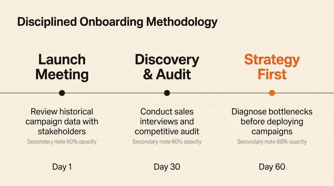 Process timeline of a disciplined onboarding methodology spanning launch, discovery, and strategy stages 