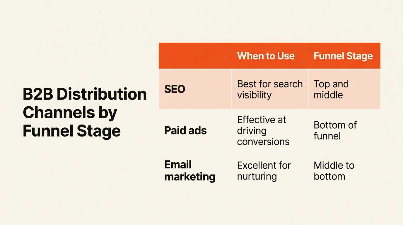 Table of B2B digital marketing channels and funnel stages