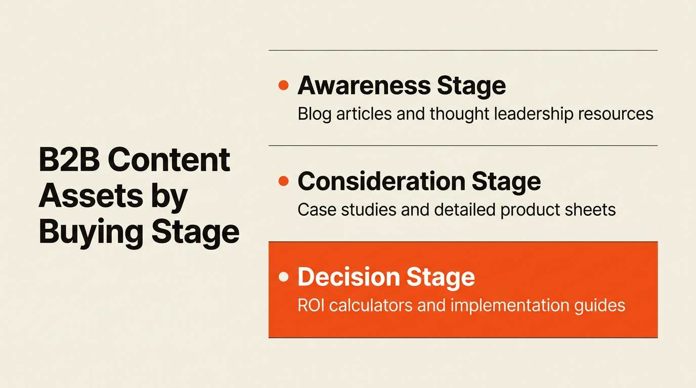 Graphic showing B2B content assets categorized by funnel stage
