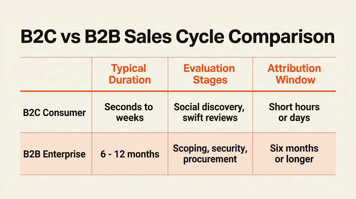 Comparison table of B2C and B2B sales cycle durations and evaluation stages