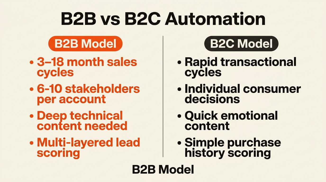 Comparison graphic showcasing the key differences between B2B and B2C marketing automation models