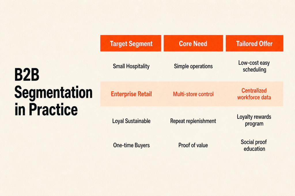 Table of B2B segmentation examples comparing needs and tailored offers