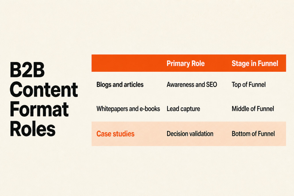 Table comparing B2B content marketing formats by primary role and funnel stage