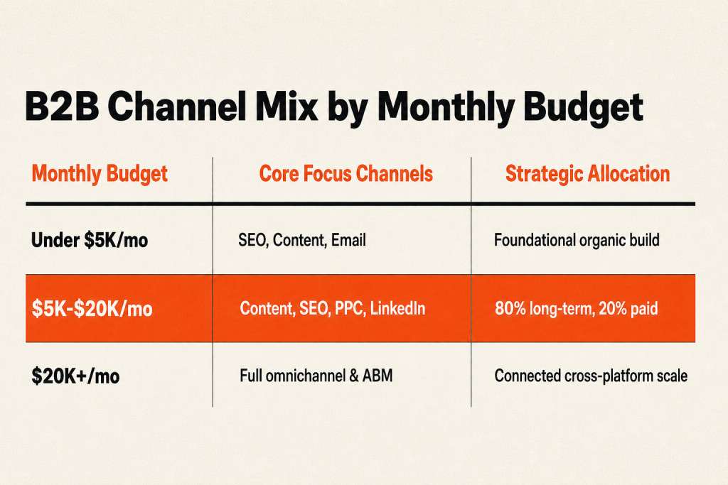 Table showing recommended B2B channel allocation based on monthly budget