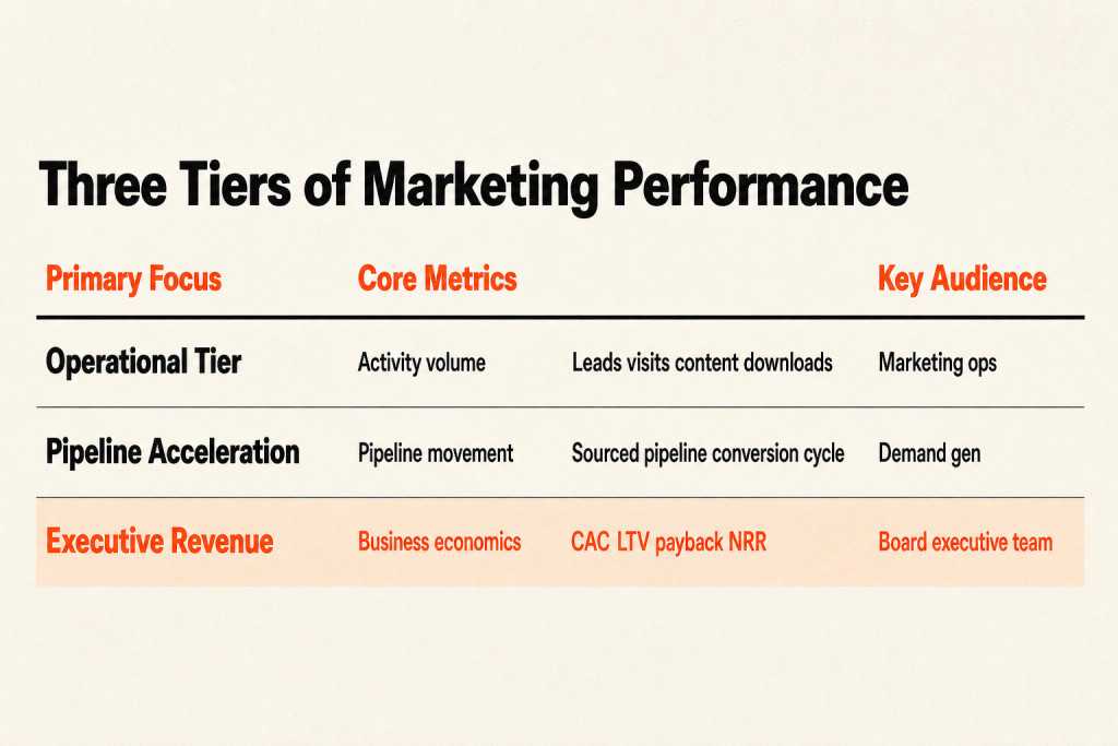 Table breaking down marketing measurement across operational, pipeline, and executive tiers