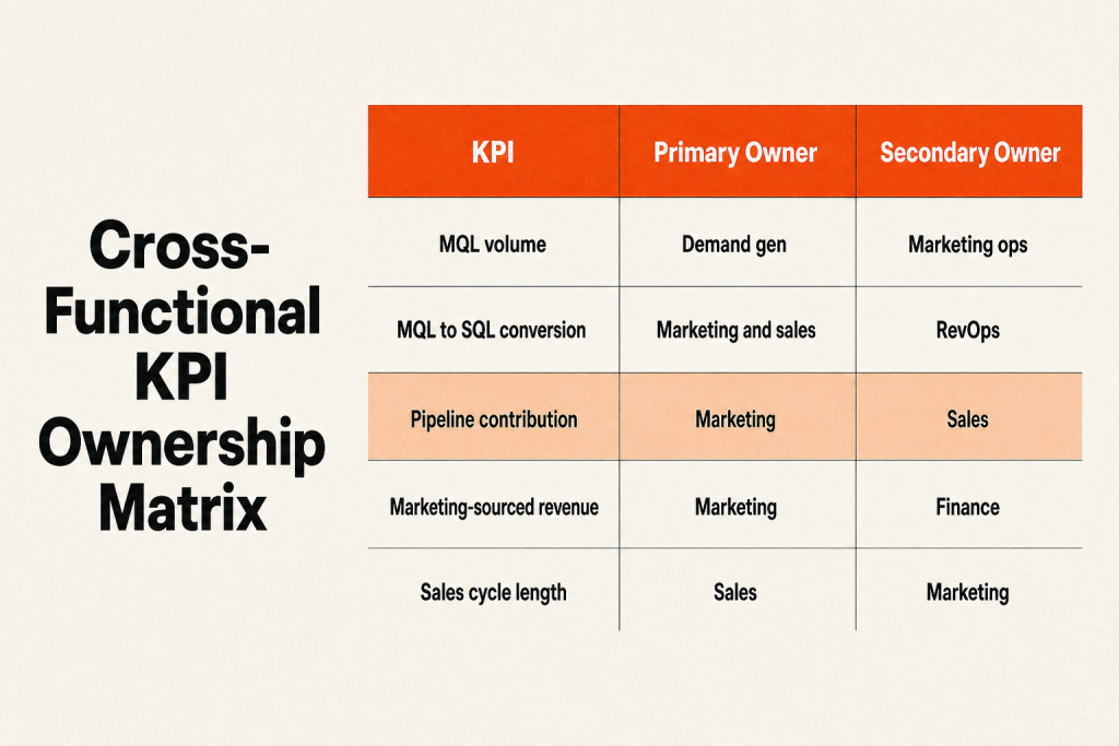 KPI ownership matrix showing primary and secondary team accountabilities